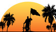 Soldat mit Flagge und Gewehr im Sonnenuntergang unter Palmen