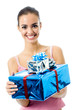Young smiling woman with gift, isolated on white background