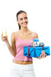 Young smiling woman with gift and champagne, isolated