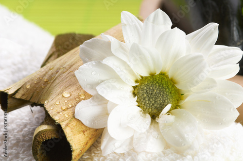 Photo: Spa, flower on the towel, and a bowl with black stones Spa, flower on the towel, and a bowl with black stones