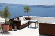 Terrace overlooking sea, Oia Village, Santorini, Cyclades, Greec