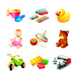Colorful children toy, tool and model icons