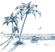 Summer beach with palm trees, seagulls and boat on shore