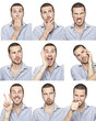 young man face expressions composite isolated on white young man face expressions composite isolated on white