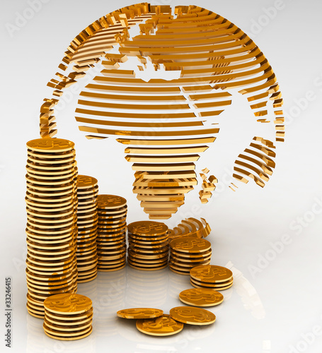 Illustration: Gold globe with many gold coins Gold globe with many gold coins