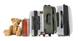 Row of suitcases with teddy bear sitting at the end Row of suitcases with teddy bear sitting at the end