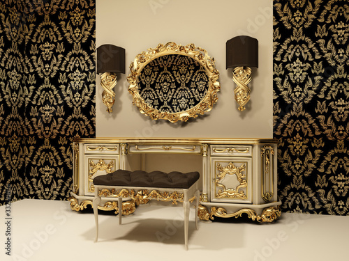 Illustration: Baroque table with mirror on the wallpaper background Baroque table with mirror on the wallpaper background
