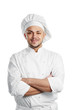 happy chef in white uniform isolated
