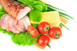 Arrangement with meat smoked bacon, tomatoes and cheese