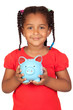 African little girl with a blue piggy-bank