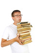 Young man  holding stack of books
