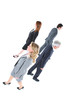 businessman and businesswoman walking in different directions