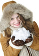 Photo: Playful winter girl holding snow Playful winter girl holding snow