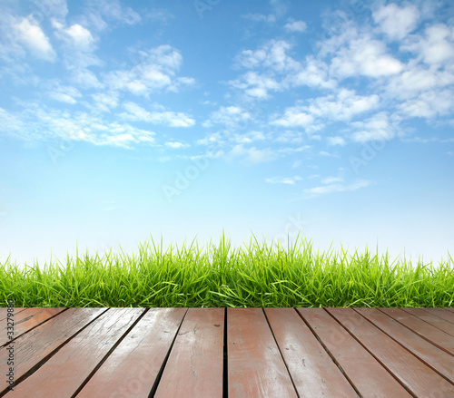 Foto : wooden terrace with fresh spring green grass wooden terrace with fresh spring green grass