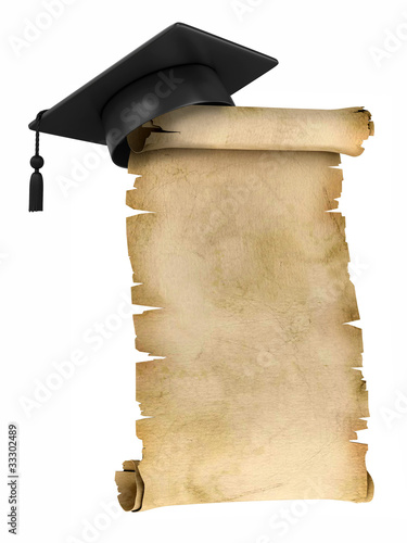 Illustration: Graduation Cap on the top of old parchment Graduation Cap on the top of old parchment