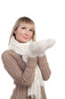 young woman in sweater wollen mitten sweater young woman in sweater wollen mitten sweater