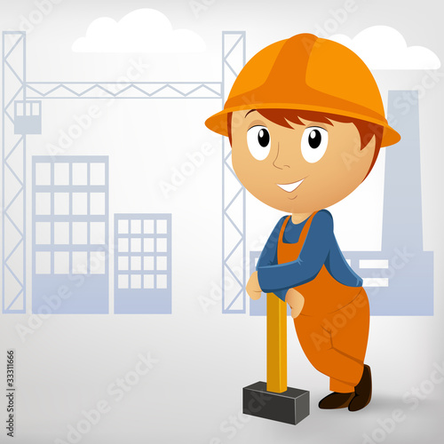 Vector: Builder man with sledgehammer on construction background Builder man with sledgehammer on construction background