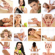 A collage of images with young women and fresh fruits