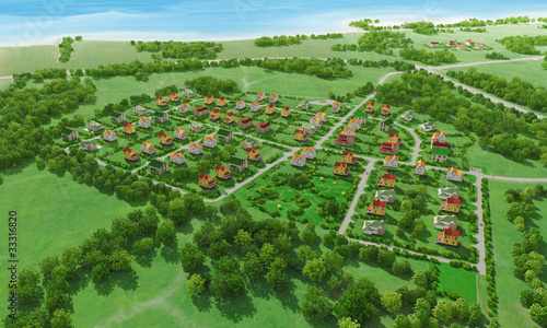 Illustration: Small green village from above. 3d rendering. Small green village from above. 3d rendering.