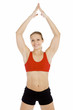 Smiling young sporty muscular woman. Isolated over white