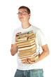 Young man  holding stack of books
