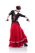 young woman dancing flamenco with castanets isolated on white