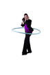 A happy businesswoman exercising with a hula- hoop