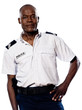 Mature policeman with hand on waist