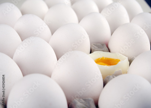 Photo: Lots of eggs with one boiled and ready to eat. Lots of eggs with one boiled and ready to eat.