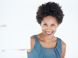 Happy woman holding blank card