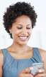 Happy woman reading text messages