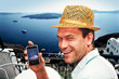 man with straw hat, Santorini, Greece