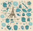 Landmarks of Paris on old paper