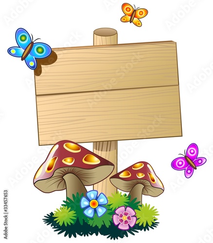 Vector: Cartello Legno con Funghi e Farfalle-Spring Wood Panel-Vector Cartello Legno con Funghi e Farfalle-Spring Wood Panel-Vector
