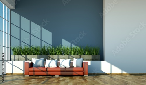 Illustration: Wohndesign - rotes Ledersofa im Loft Wohndesign - rotes Ledersofa im Loft