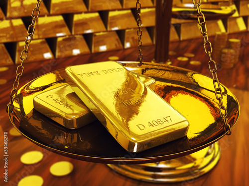 Illustration: Gold ingots on brass scale ,3d illustration Gold ingots on brass scale ,3d illustration