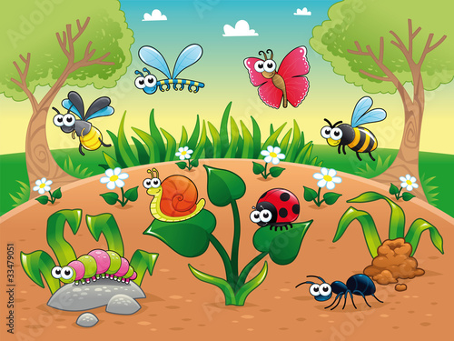 Vector: Bugs with background. Vector illustration, isolated characters. Bugs with background. Vector illustration, isolated characters.