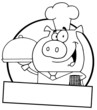 Outlined Pig Waiter Serving A Platter With A Text Box