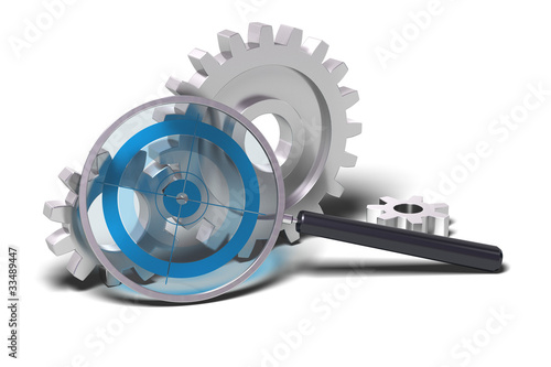 Illustration: Loupe et engrenage fond blanc Loupe et engrenage fond blanc