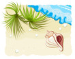 ������: seashell with palm leafs and ocean wave � denisgo #33489641