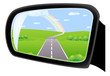 Road with rainbow in side mirror of car