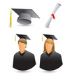 Male and female graduates, cap, and diploma