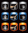 Vector: Hockey pucks, sticks, and trophy in multicolored banners Hockey pucks, sticks, and trophy in multicolored banners