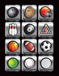 Vector: Sports balls in silver square web buttons Sports balls in silver square web buttons