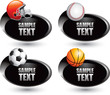 Sports balls and gear on silver swoosh banners
