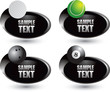 Golf, tennis, bowling, and eight balls on black swoosh banners