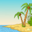 Vector: Color sketch of tropical palm on coast of ocean Color sketch of tropical palm on coast of ocean