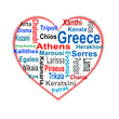 Greece in heart and words cloud with larger cities