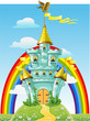 magical fairytale blue castle with flags and rainbow