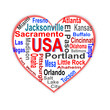 USA Heart words cloud with larger american cities